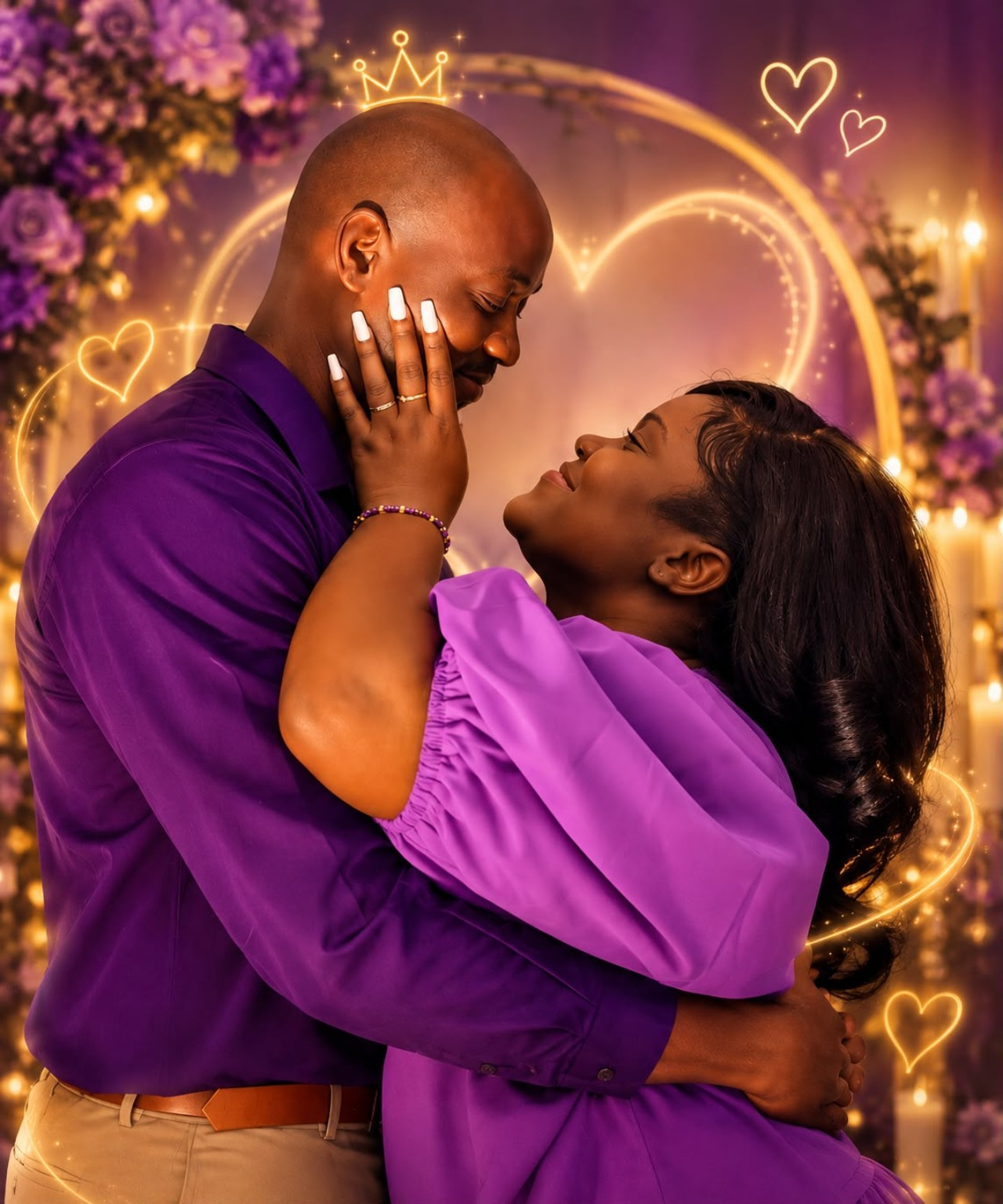Condrae and Jeedlove embracing, surrounded by purple flowers and golden hearts